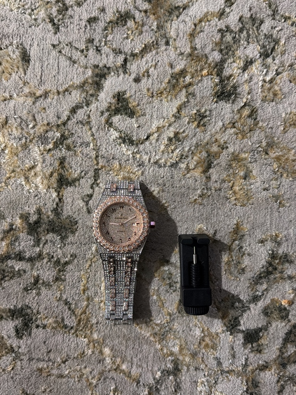 Audemars Piguet Silver Watch with Rose Gold Dial and Crystal Accents